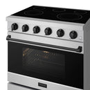 36-inch electric range with black glass cooktop, six knobs, and dark oven door window