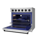 36-inch electric range with oven door open, racks inside, stainless steel and blue interior