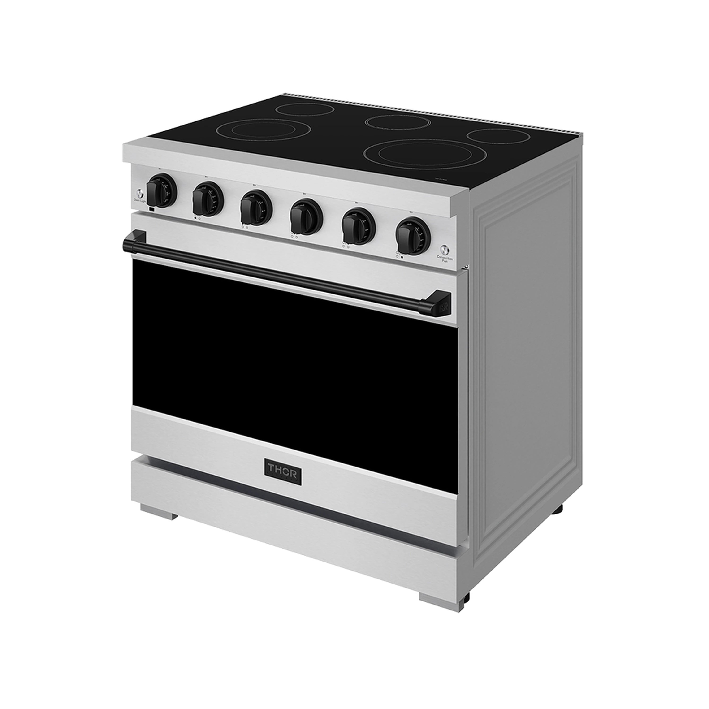 36-inch electric range with black cooktop, stainless steel body and dark oven door
