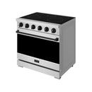 36-inch electric range with black cooktop, stainless steel body and dark oven door