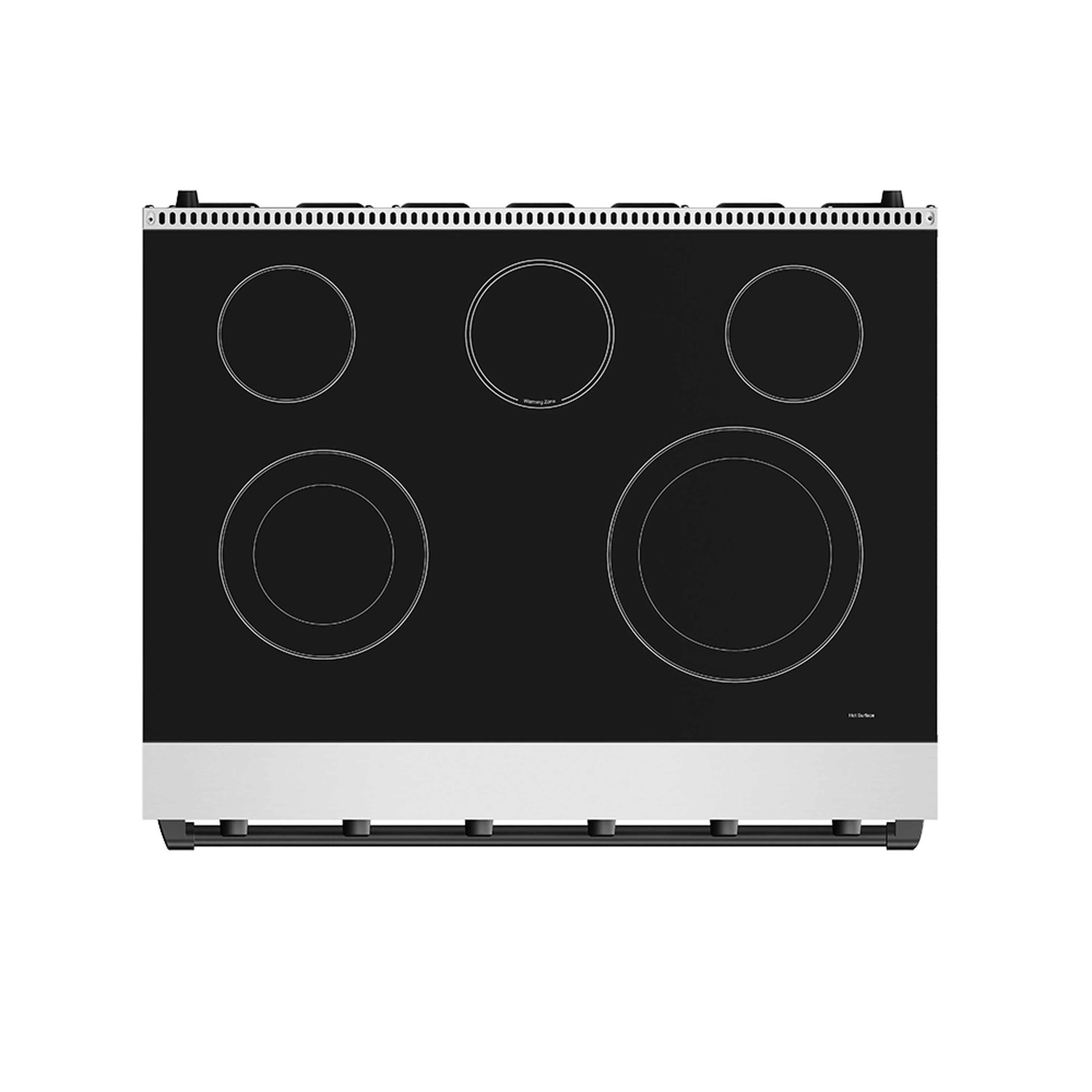 36-inch electric cooktop with five circular heating zones on black glass surface