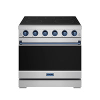 Stainless electric range front view with black oven door and blue control knobs