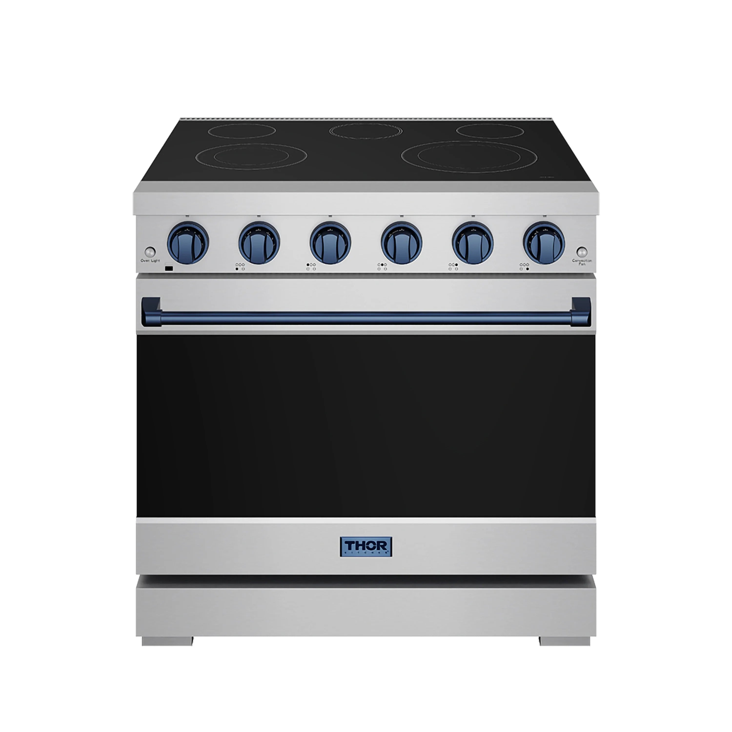 Stainless steel electric range with black glass cooktop and blue control knobs