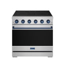 Stainless electric range front view with black oven door and blue control knobs