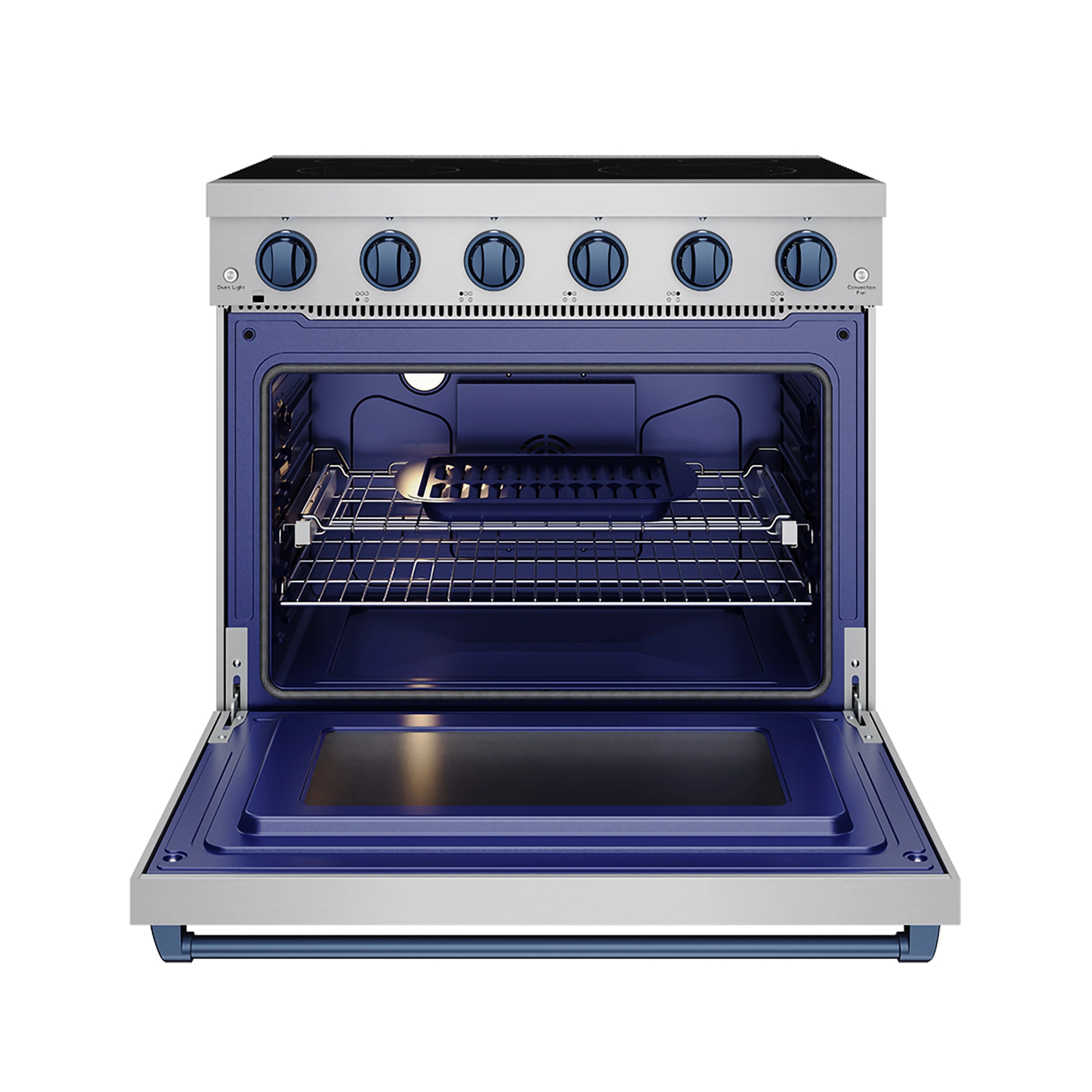 Electric range with open oven showing racks, blue interior frame, stainless door edges