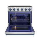 Electric range with open oven showing racks, blue interior frame, stainless door edges
