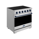 Stainless electric range with black glass cooktop and blue control trim, five knobs