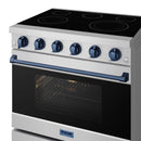 Stainless electric range with open oven door, black interior and blue trim panel
