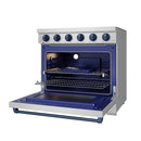 Electric range with open oven, dark interior walls, racks and blue interior trim