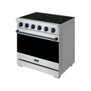 Stainless electric range with black cooktop, blue trim panel and control knobs