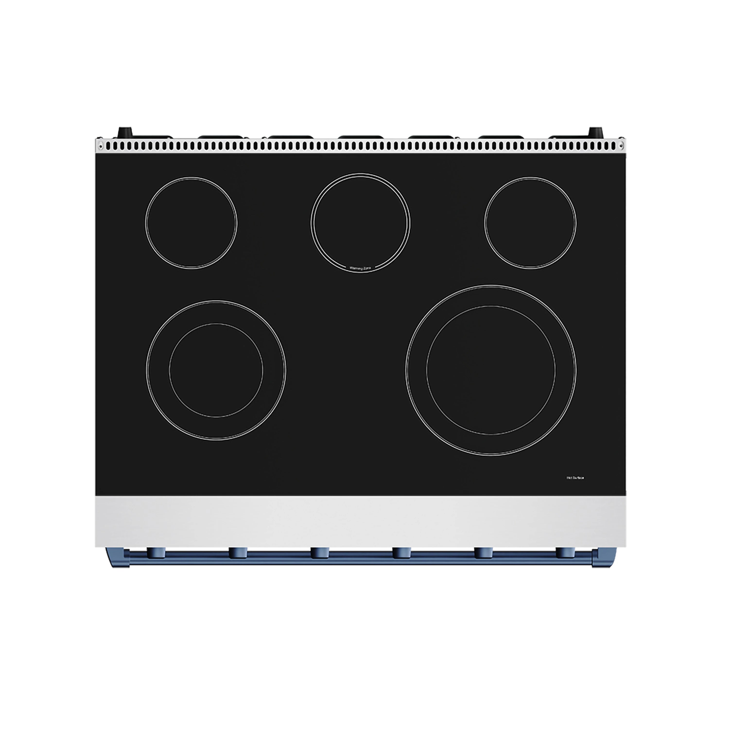 Stainless glass cooktop with five radiant burner circles and blue accent edge