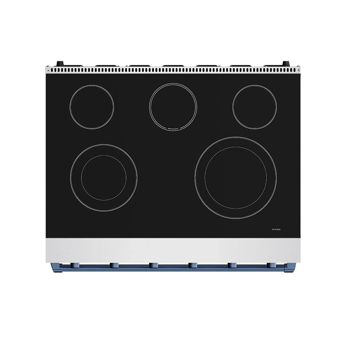 Black electric cooktop with five circular heating elements and blue trim bar