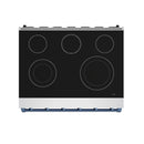 Stainless glass cooktop with five radiant burner circles and blue accent edge