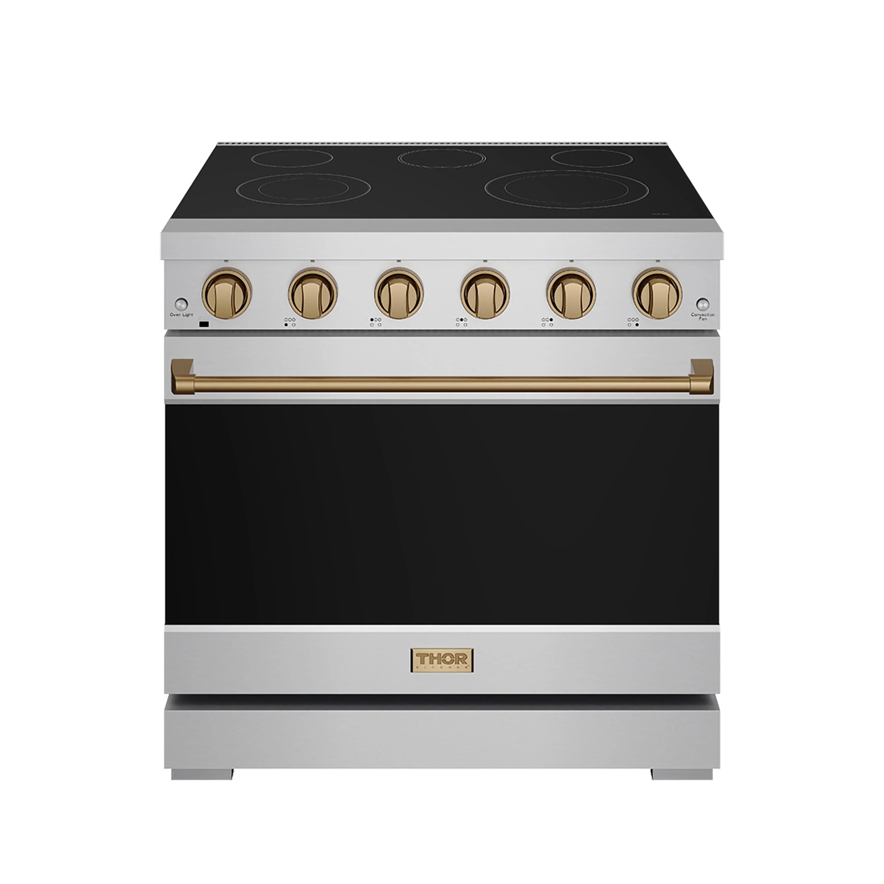 Stainless steel electric range with black glass cooktop and bronze control knobs and trim