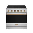 36-inch electric range with black cooktop, bronze knobs, and stainless oven panel