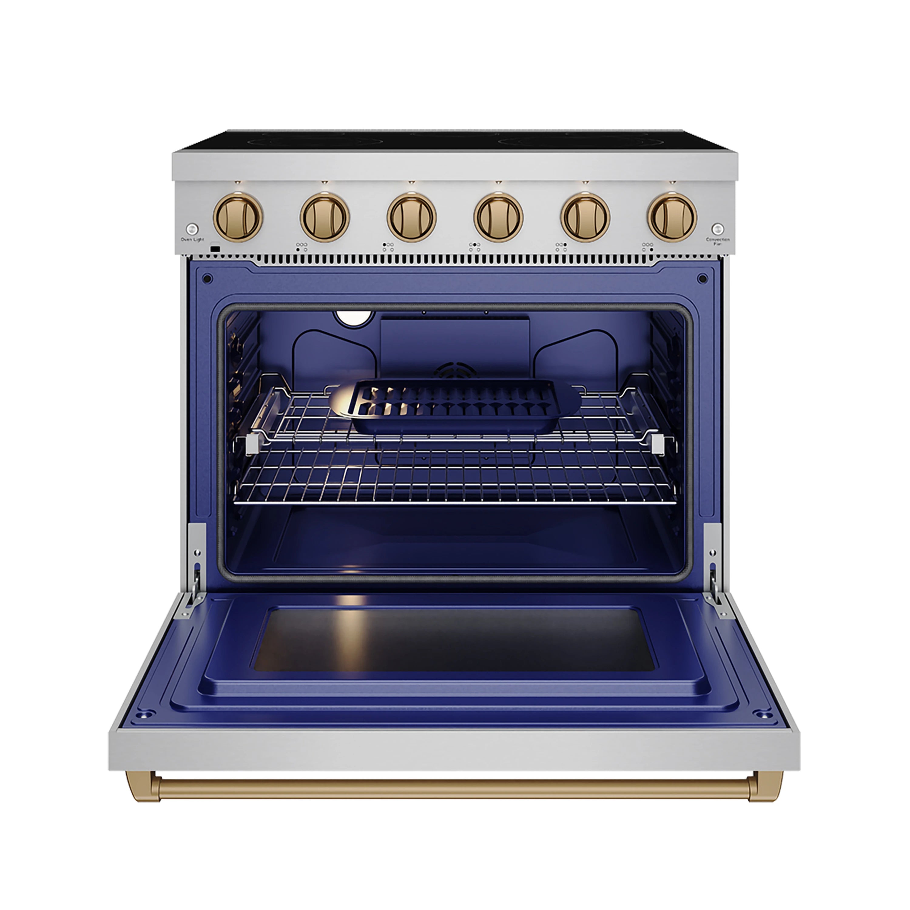 36-inch electric range open oven with rack, burner area visible and blue enamel interior