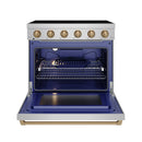 36-inch electric range open oven with rack, burner area visible and blue enamel interior