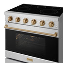 36-inch electric range with black glass cooktop, bronze control knobs, stainless body