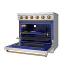 36-inch electric range with open oven, wire rack and blue interior