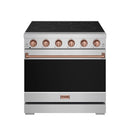 Stainless electric range with black cooktop, rose gold control knobs, and closed oven