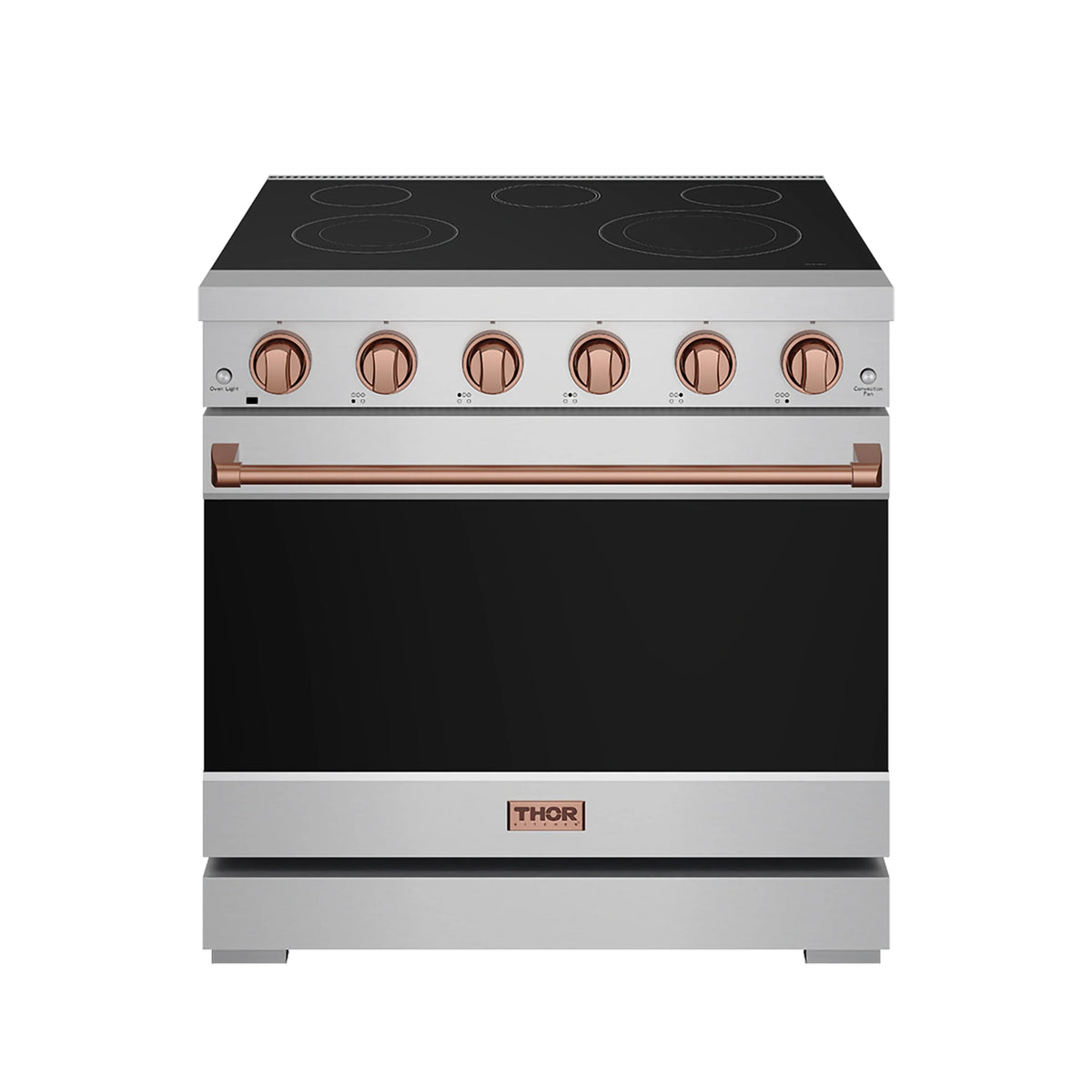 Stainless electric range with black cooktop, rose gold control knobs, and closed oven