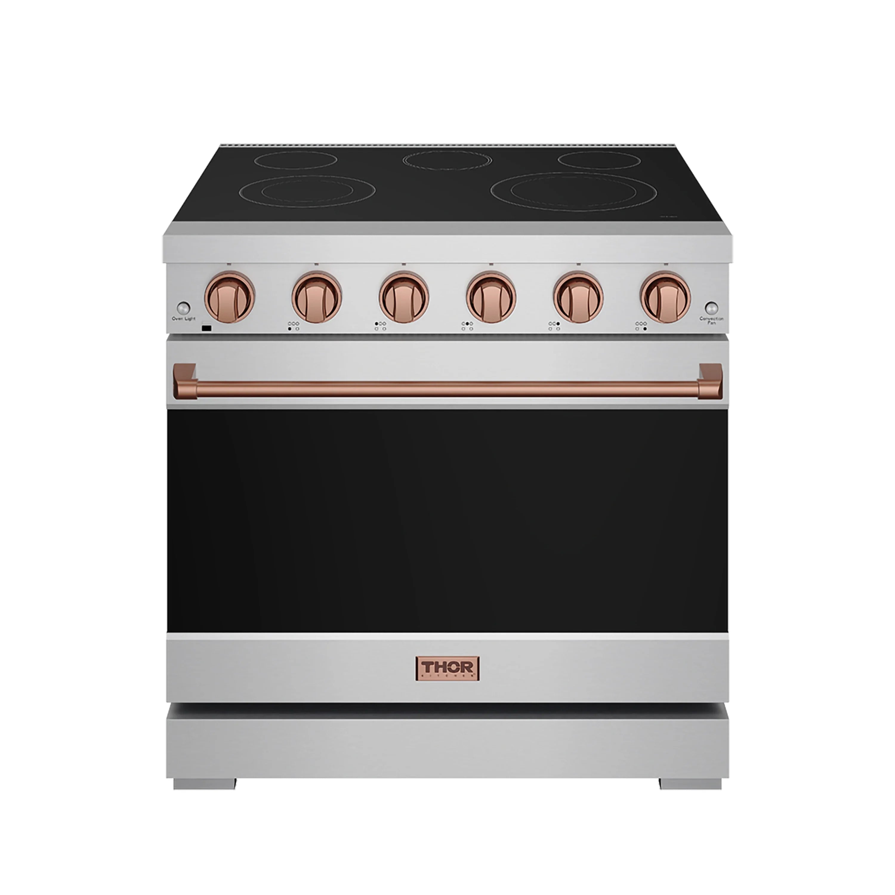 Stainless electric range front view with black cooktop and rose-gold control knobs