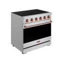 Stainless electric range with black cooktop, rose gold knobs, and closed oven door
