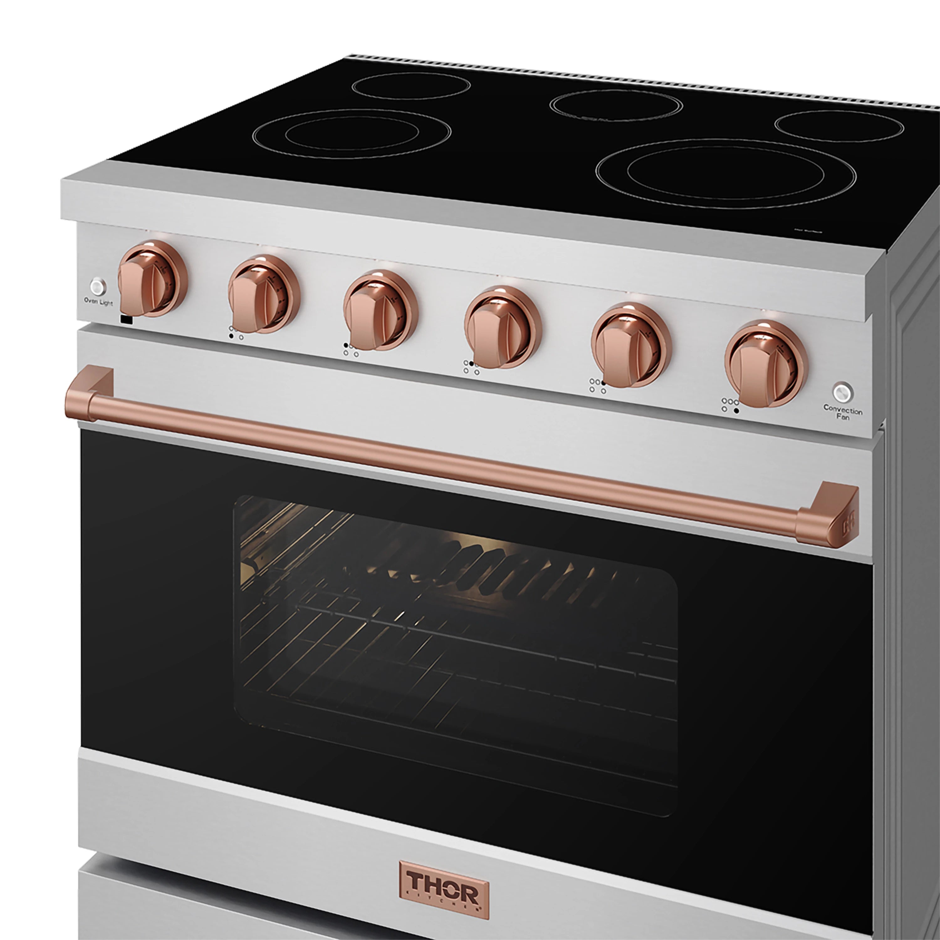 Stainless electric range with black cooktop, rose gold control knobs, and closed oven door