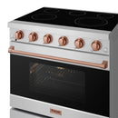 Stainless electric range with black cooktop, rose gold control knobs, and closed oven door