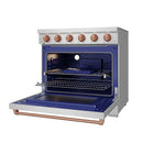 Stainless electric range with open oven door, blue interior, racks, and rose gold trim