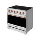 Stainless electric range with black cooktop, rose gold handle trim, and closed oven door