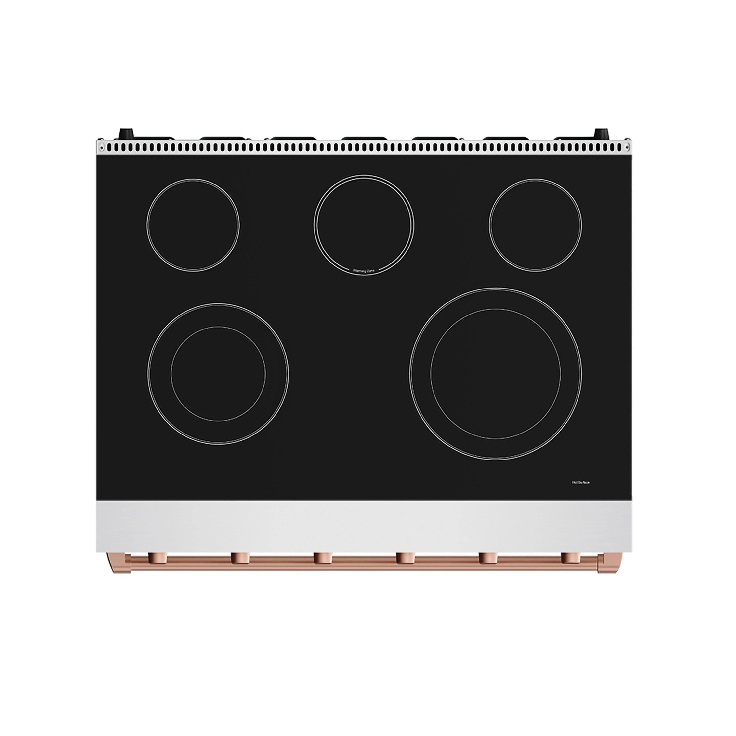 Black electric cooktop with five coil burners and rose gold accent trim