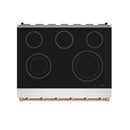 Black electric cooktop with five coil burners and rose gold accent trim