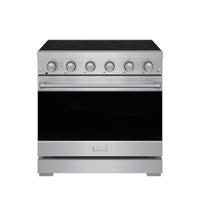 Stainless steel 36-inch electric range front view with black cooktop and knob row
