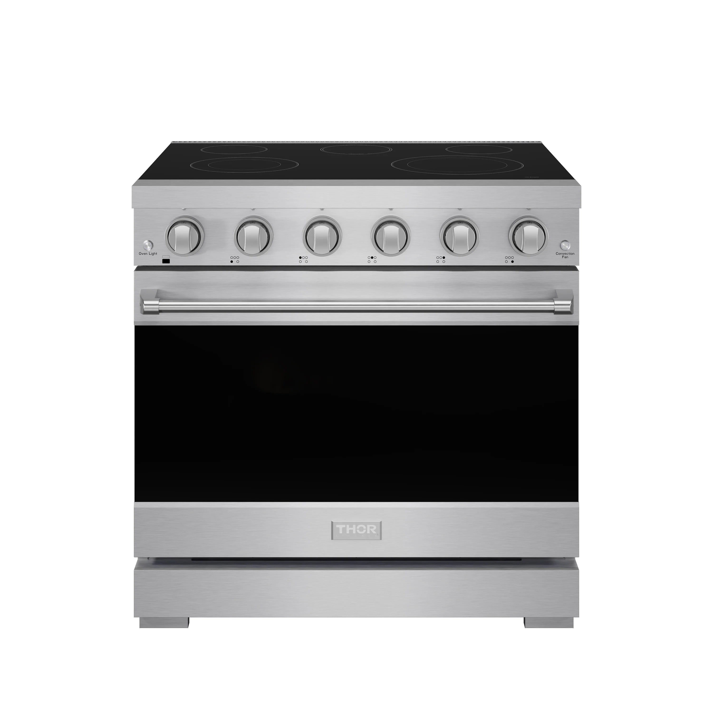 Stainless steel 36-inch electric range front view with black cooktop and knob row