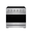 Stainless steel 36-inch electric range front view with black cooktop and knob row