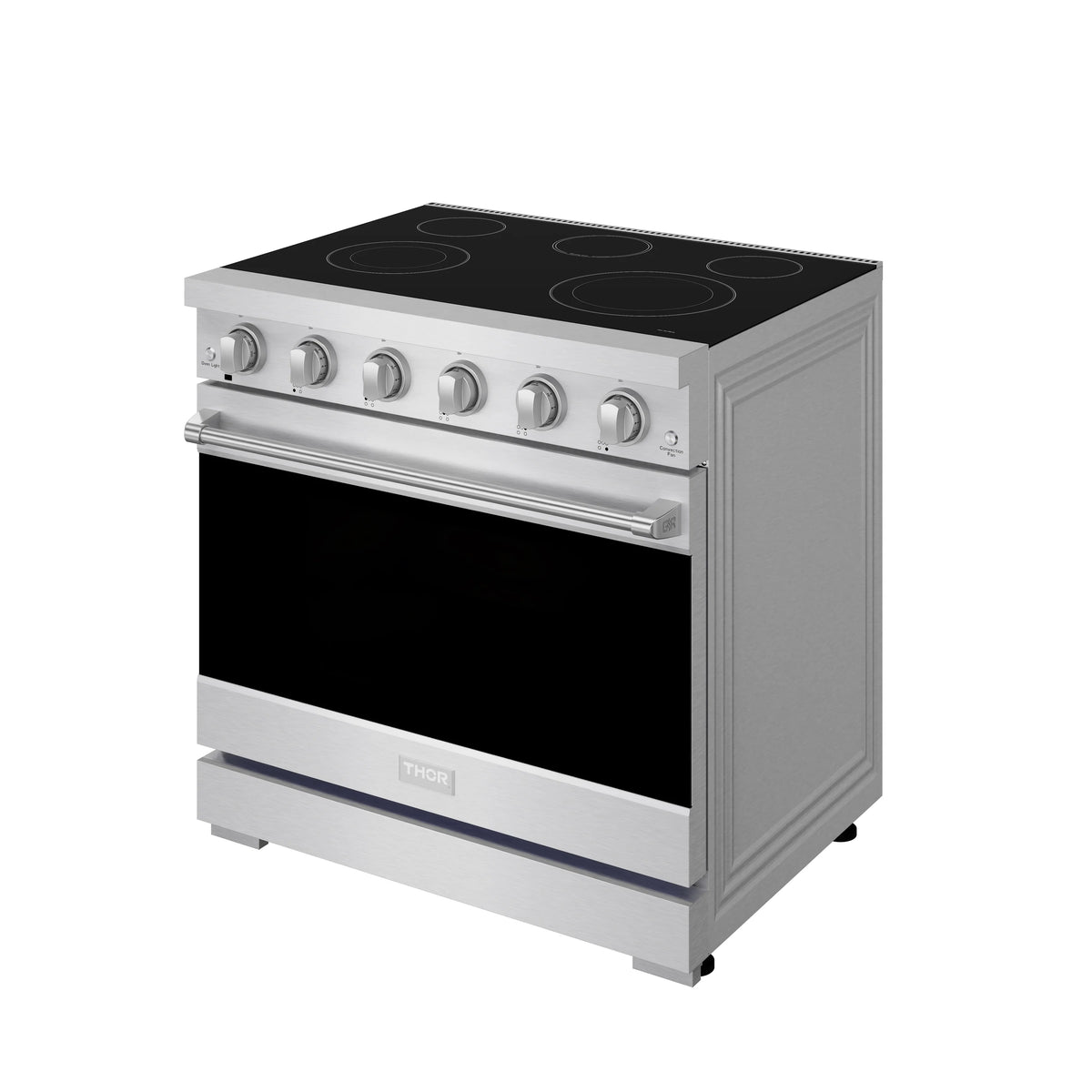 Stainless steel electric range side view with black glass cooktop and oven door