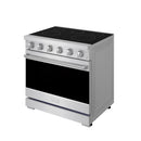 Stainless steel electric range side view with black glass cooktop and oven door