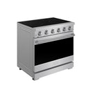 Stainless steel 36-inch electric range with black glass cooktop and control knobs