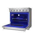 Stainless steel electric range with open oven door and blue interior light
