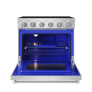 Stainless steel electric range showing open oven cavity with racks and blue back panel