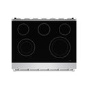 Stainless steel electric range cooktop surface with six black coil burner circles
