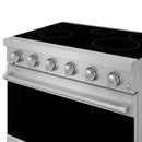 Stainless steel electric range control panel with six front knobs and black cooktop