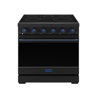Black electric range front view with ceramic cooktop, blue-trim knobs, and handle