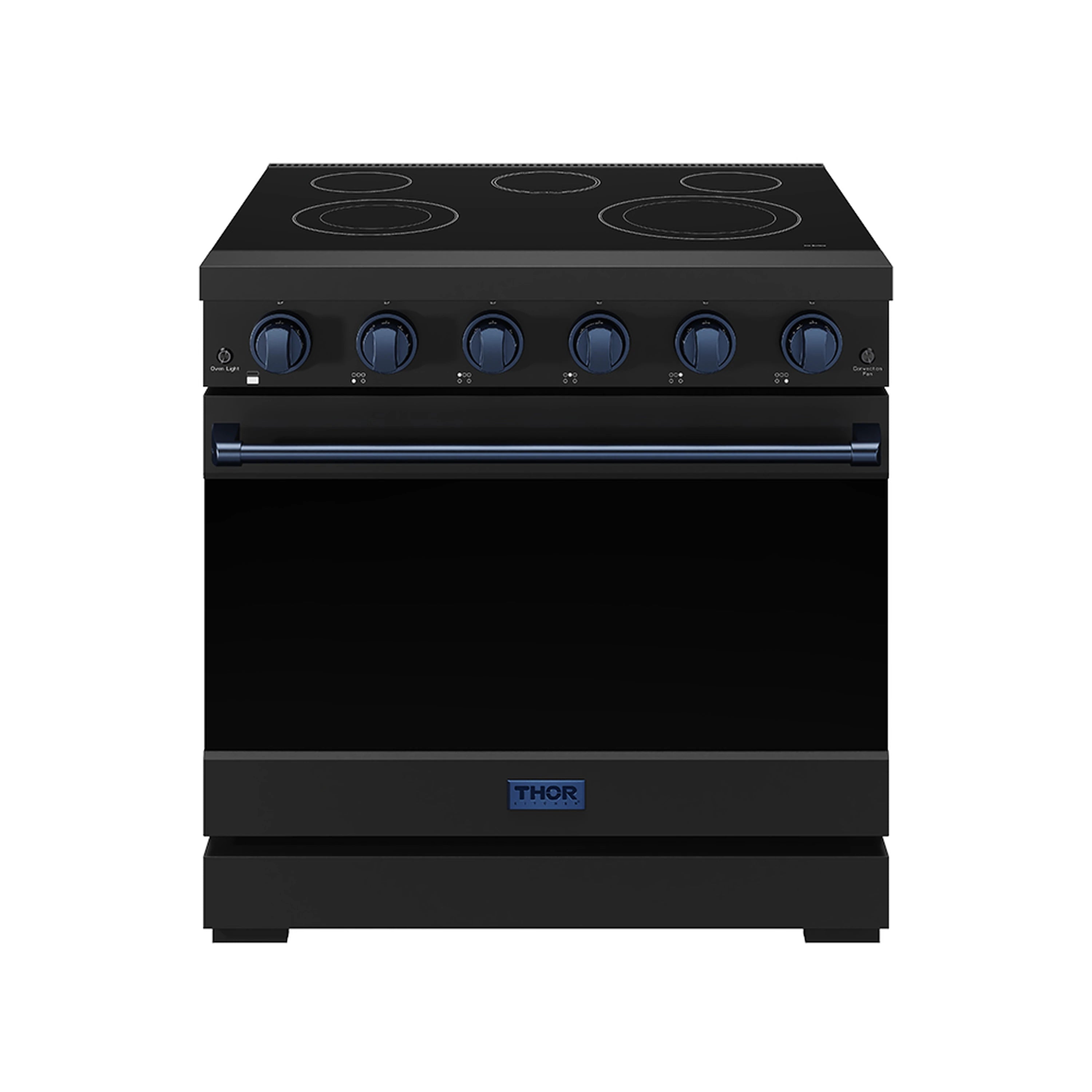 Black electric range front view with ceramic cooktop, blue-trim knobs, and handle