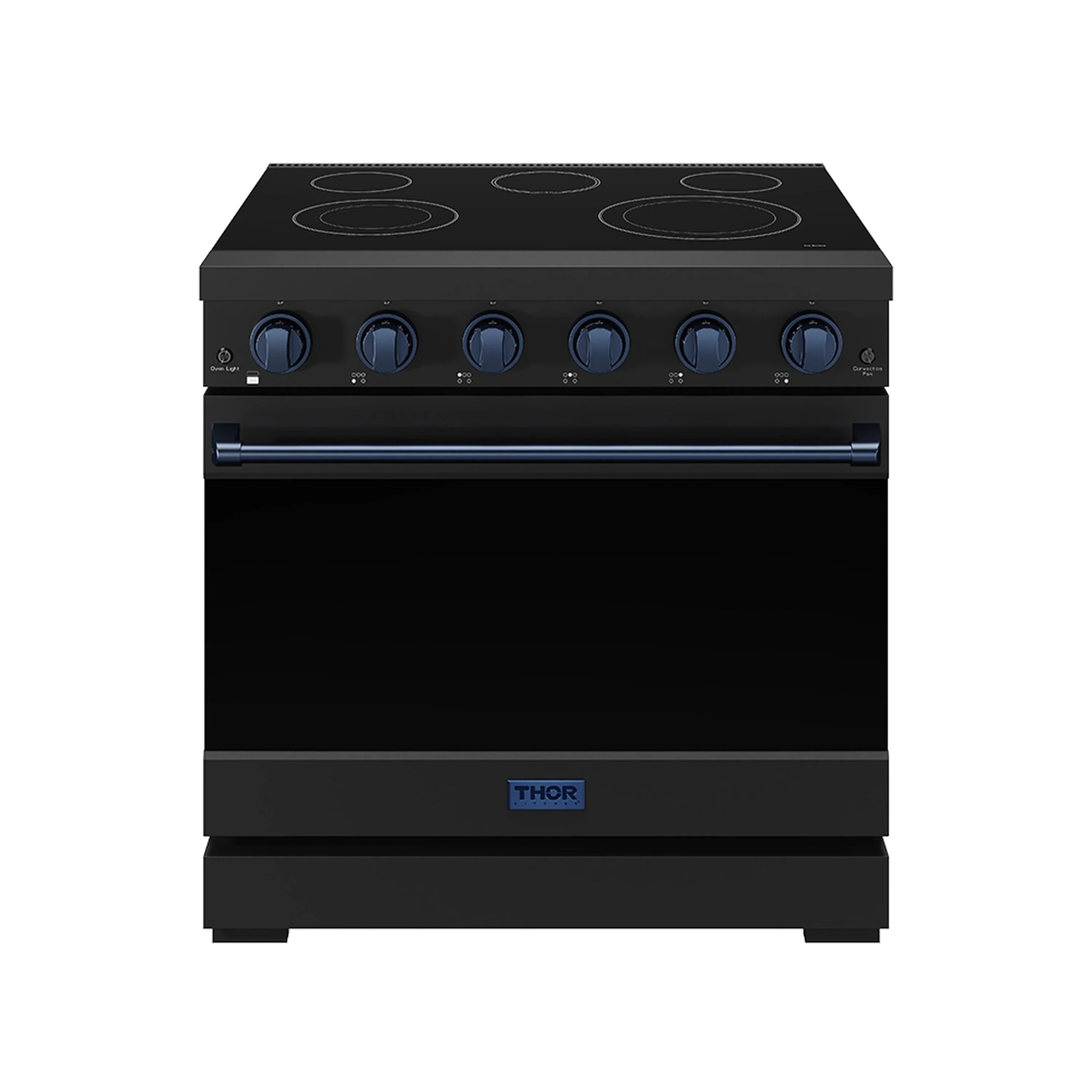 Black electric range with blue control knobs and five smooth-top burners