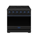 Black electric range front view with ceramic cooktop, blue-trim knobs, and handle