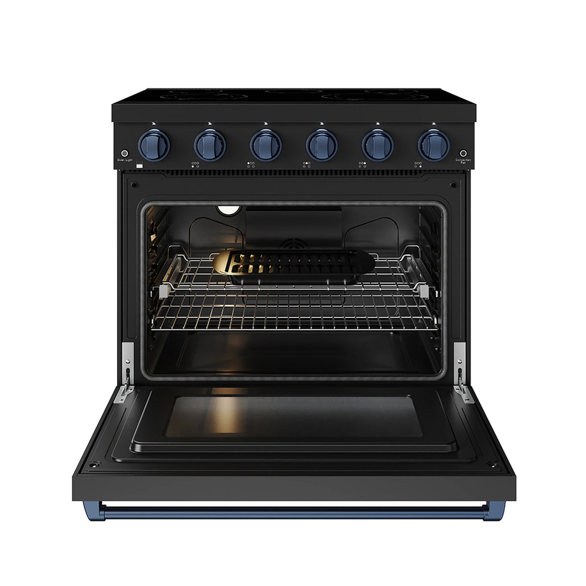 Black electric range with oven door open showing interior racks