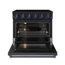 Black electric range with blue-trim control knobs; open oven door with racks