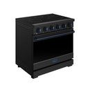 Black electric range with ceramic cooktop and blue-trim control knobs